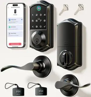 VE017-L Fingerprint Smart Lock with 2 Lever Handles, Keyless Entry Front Door Lock Set, App Control, Electronic Digital Keypad Deadbolt, Easy Installation, Emergency Power Port, Matte Black