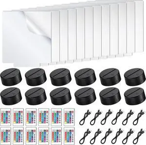 12 Pieces Clear Acrylic Sheets and 12 Pieces 3D Night LED Light Lamp Base with Remote Control and USB Cable, DIY Acrylic Lamp Base Set for Restaurant Bar Cafe Shop Room Decoration (Rectangular)