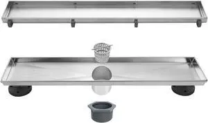 18-Inch Linear Shower Drain- with 2-in-1 Flat & Tile Insert Cover, Brushed 304 Stainless Steel Rectangle Shower Floor Drain,Floor Shower Drain