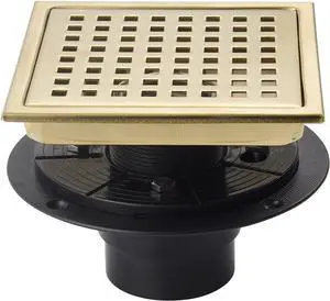 6 Inch Shower Drain Brushed Gold with Adjustable Shower Drain Base Flange SUS304 Stainless Steel Floor Drain Cover Removable Mesh Grille