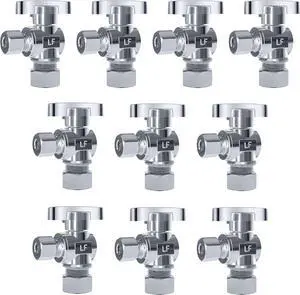 10 Pack Angle Stop Valve 1/2 in. NOM Compression x 3/8 in. OD Compression, 5/8" OD x 3/8" OD Quarter Turn Water Shut Off Valve, Toilet Shut Off Valve,Brass,Chrome