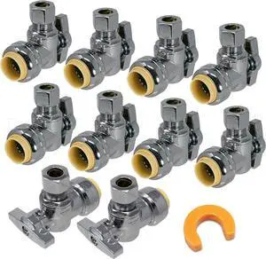 [10-Pack]  PushFit Angle Stop Valve 1/2" Push x 3/8" OD Comp, Quarter-Turn Push-to-Connect Brass Shutoff Valve for Copper, PEX, CPVC, PE-RT, HDPE Pipes, LF Certified Safe (8X8012-11T)