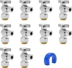 10 Pack Pushfit Angle Stop Faucet Valve, 1/2" Push-Fit x 3/8" Comp, Quarter Turn 1/2" Nom x 3/8" Compression Shut Off Water Valve, Pex, Copper,Cpvc,Brass