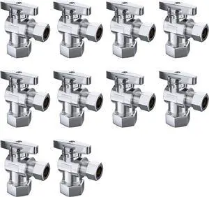 10 Pack Angle Stop Valve,1/2" Nominal Comp (5/8"OD Comp,Fits 1/2" Copper Pipe) X 3/8'' OD Compression Quater Turn Elbow Valve, 5/8 Inches OD X 3/8 Inches OD Shut Off Valve,Chrome