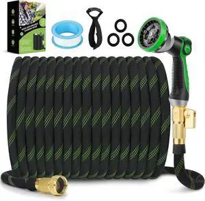 Non-Expandable Garden Hose 100 ft, Ultra Lightweight & Flexible Water Hose With 10-Pattern Spray Nozzle, Full Length Leak-Proof Design, High-Density Fabric & Shut-Off Valve, Hose Straps