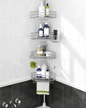 Corner Shower Caddy Tension Pole, Quick Setup, Rust-Free Bathroom Shower Organizer Corner for Bathtub Shampoo Storage, 4-Tier Adjustable Shelf, Drill Free, Fits 34 to 116 Inch Height, Silver