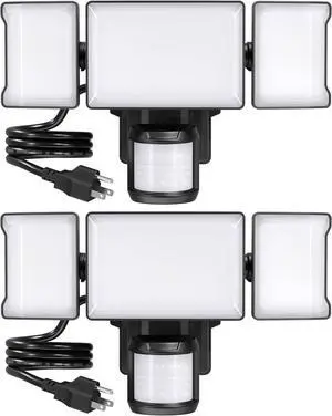 75W Motion Sensor Outdoor Lights Plug in, 2 Pack Motion Flood Light 3 Heads, 7500LM LED Security Light IP65, Motion Activated 6500K PIR Sensor Lighting for Garage Yard Porch Patio, Black