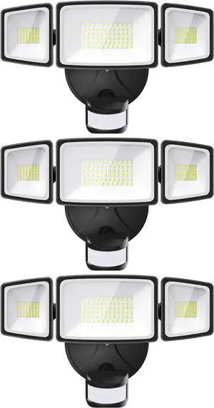 3 Pack 65W LED Motion Sensor Outdoor Lights, Security Light Motion Outdoor Flood Light Fixture Detection Detector, 3 Adjustable Heads 6500LM 6500K IP65 Waterproof Exterior Garage Yard (Black)