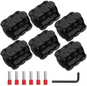 3 Port Insulated Multi Tap Connector 3/0-6 Gauge Wire Connectors Aluminum to Copper Wire Connectors Dual Entry Black Electrical Cable Connectors with Slotted Allen Hex - 6 Pack