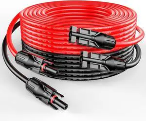 10 Gauge 10AWG One Pair 50 Feet Red + 50 Feet Black Solar Panel Extension Cable Wire with Female and Male Connectors (50FT 10AWG)