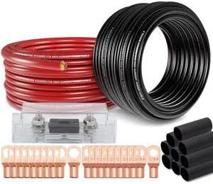 4 Gauge Wire (25ft Each - Red/Black) Copper Clad Aluminum CCA - Primary Automotive Wire,Battery Power/Ground Cable, 20PCS Lugs Terminal Connectors,20PCS 3:1 Heat Shrink Tubing with 100A ANL Fuse