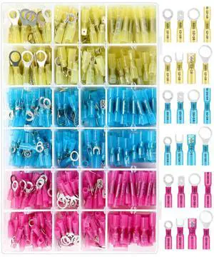 1200 Pcs Heat Shrink Insulated Electrical Wire Connectors Kit Wire Crimp Terminals Butt, Ring, Spade, Fork Quick Disconnect Assortment Kit with Storage Box for Automotive Marine Boat Truck