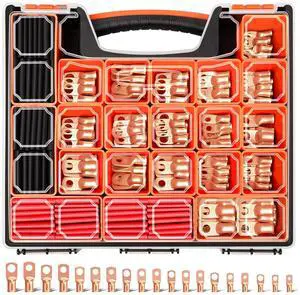 220PCS Battery Cable Ends AWG 1 2 4 6 8 1/0 2/0 Gauge, 110PCS Heavy Duty Copper Wire Lugs Kit, Battery Cable Terminal Connectors Assortment with 110PCS 3:1 Heat Shrink Tubing