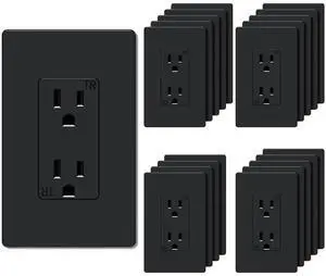 Decorator Receptacle Outlet, Screwless Wall Plate Included, 15-Amp 125V Tamper Resistant Wall Outlet, 2-Pole, 3-Wire Self-grounding, ETL Listed, 20 Pack, Glossy Black