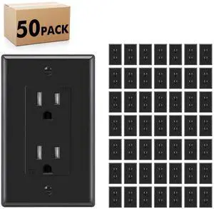 Decorator Receptacle Outlet, Tamper Resistant, Decorative Electrical Receptacle Outlet, 15Amp 125Volt, Grounding with Wall Plate UL Listed (50pack, Black, 15 Amp Outlet)