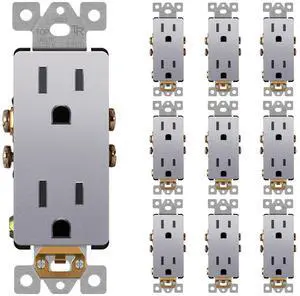Matte Finish Decorator Receptacle with Interchangeable Face Cover, Child Safe Tamper-Resistant Wall Outlet, Commercial Grade, Self-Grounding, 15A 125V, UL Listed, LR15-TR-SV, Silver,10 Pack