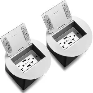 2 Pack Silver Recessed Floor Outlet, 3.98"x 3.66" x 3.15" 1-Gang, Round Receptacles Duplex with 4.8A USB Chargers 20A TR Device and Adjustable Steel Box, Electrical Outlet Kit, Etl Listed