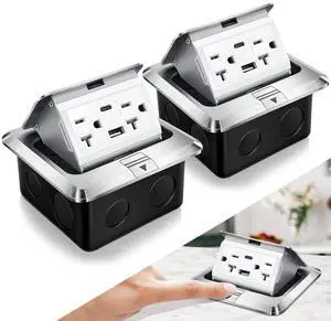2 Pack Pop up Floor Outlet Floor Kit Waterproof Electrical Outlet Cover Box with 4.8A USB A & Type C Charge and 20 Amp Tamper Resistant Socket Receptacle for Countertop Office Home (Silver)