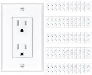 50 Pack Wall Outlet, 15 Amp Outlets, UL Listed, Tamper Resistant Standard Electrical Outlet, Decorator Receptacle with Wall Plate, Suitable for Home and Business, 125V/1875W, White