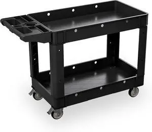 Commercial Grade 2 Shelf Utility Cart with Wheels - Rolling Tool Trolley, Heavy Duty Service Push Cart for Business Warehouse Office Restaurants Ecommerce Garage