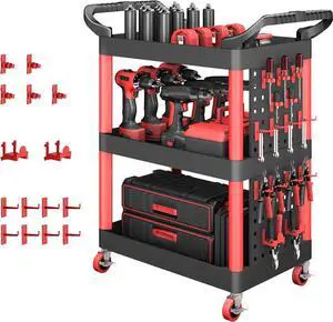 39" H Rolling Utility Cart | 3-Tier Utility Cart on Wheels | Mechanic Rolling Tool Cart on Wheels | Detailing Carts | Work Carts for Garages,Warehouses,Repair Shops | with Pegboard | 440 Lbs