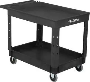 Industrial Service & Utility Cart, Plastic 2 Tray Black Shelf, 44 x 25-1/2, 5" Rubber Casters