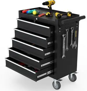 5-Drawer Rolling Tool Chest, Tool Box with 4 Wheels and Drawers, High Capacity Detachable Mobile Tool Storage Cabinet for Garage, Workshop, Mechanics and Repair Room (Black)