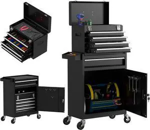 5 Drawer Tools Chest, Tool Cabinet with Universal Lockable WheelsTool Box with Detachable Top Box for Workshop(Black)
