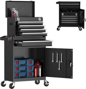 5-Drawer Tool Box with Wheels, Rolling Tool Storage Cabinet with Detachable Top Tool Chest and Locking Mechanism, Metal Tool Cart for Garage Workshop and Room Use (Black)