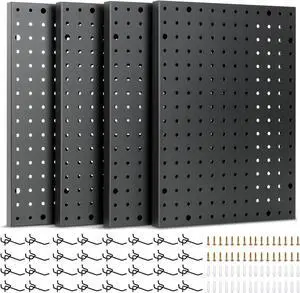Heavy Duty 4-Panel Pegboard Wall Organizer & 32 Peg Hooks - Four Black Metal Peg Board Panels for Shops or Warehouse - Garage Tool & Walls Organizer - Modular Complete Kit With Installation Hardware