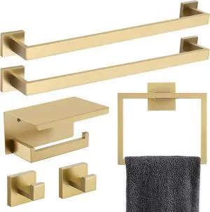 6-Piece Bathroom Hardware Set 23.6 Inch Gold Towel Bar Set Double Towel Bar Towel Ring Coat Hook and Toilet Paper Holder with Shelf Wall Mounted Stainless Steel Bathroom Accessories Set