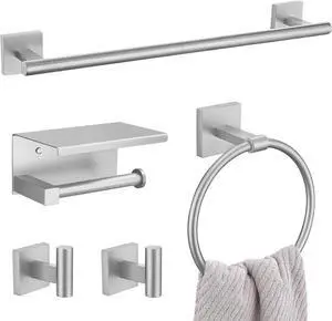5PCS Brushed Nickel Bathroom Hardware Set, SUS304 Stainless Steel Towel Bar Set-23.6 inches Towel Bar, Toilet Paper Holder with Shelf, Towel Ring and Two Towel Hooks, Towel Holder Set Wall-Mounted