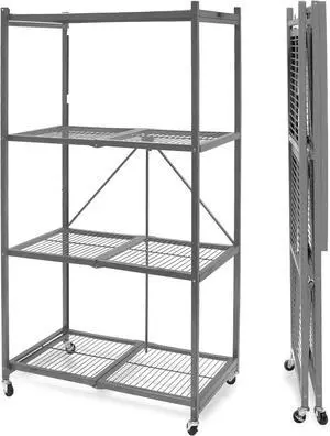 R5 4-Shelf Heavy-Duty Folding Storage Rack, Pewter - Large Foldable Metal Shelving Unit with Wheels for Garage, Pantry, Basement, Laundry Room or Warehouse
