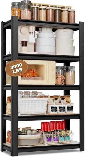 House 5-Tier Shelving Unit, 3000lbs Adjustable Storage Shelves, Boltless Book Shelf, Shelf Organizer for Kitchen, Living Room, Bathroom, Wood Grain Pattern, Waterproof Board, 24-1/10"W, Black