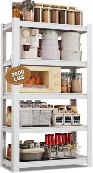 House 5-Tier Shelving Unit, 3000lbs Adjustable Storage Shelves, Boltless Book Shelf, Shelf Organizer for Kitchen, Living Room, Bathroom, Wood Grain Pattern, Waterproof Board, 24-1/10"W, White