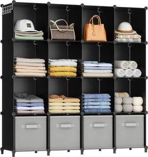 Closet Organizers and Storage, 16 Cube Storage Organizer, Closet Organizer Bookshelf Cubes Shelves for Clothes, Bedroom, Kids Room, Bathroom, Wardrobe, Garment Racks, Black