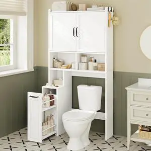 Over The Toilet Storage Cabinet with Pulley Small Bathroom Storage Cabinet, Space Saver W/Adjustable Shelf & Open Shelf for Bathroom, Restroom, Laundry (White)