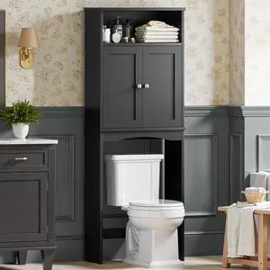 Over The Toilet Storage Cabinet, Over Toilet Bathroom Organizer with Adjustable Shelf and Double Door, Over The Toilet Cabinet for Bathroom Storage Over The Toilet Bathroom Organizer, Black