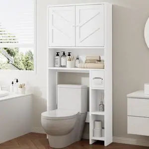 Bathroom Storage Cabinet Over Toilet with Toilet Paper Holder Stand, Freestanding Bathroom Storage Organizer Cabinet Space Saver W/Adjustable Shelf, White