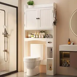 Over The Toilet Storage Cabinet, 32.3" W Over Toilet Bathroom Organizer with Doors, Adjustable Shelves, Toilet Paper Holder, 2 Side Hooks, Space-Saver for Bathroom, Laundry, White