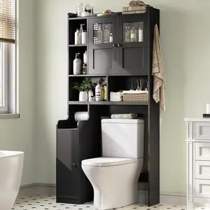 Over The Toilet Storage Cabinet, Over Toilet Bathroom Organizer with Glass Doors & Toilet Paper Holder Stand, Home Space-Saving Toilet Rack, for Bathroom, Restroom, Laundry(Black)