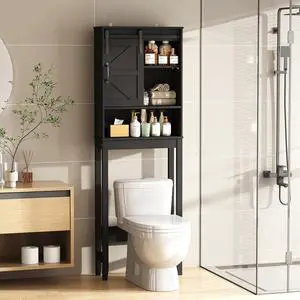 Over The Toilet Storage Cabinet, Bathroom Organizer with Anti-Tip Kit, Adjustable Shelves, Elegant Matte Black Finish Suits Modern Bathrooms.