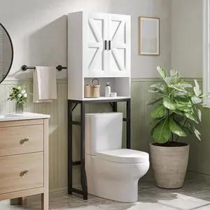 Over The Toilet Storage Cabinet, Bathroom Organizers and Storage with Barn Doors, Thicken Metal Stand & MDF Wood Above Toilet Storage Cabinet, Freestanding Space Saver, White