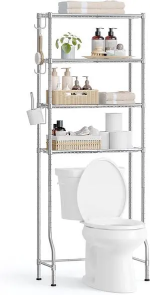 4 Tier Over The Toilet Storage, Metal Storage Rack, Adjustable Shelves, 4 Hooks, Roll Holder, Space-Saving Bathroom Storage Shelf Organizer, 11.8 x 24.8 x 69.3 Inches, Silver UBTS013G01