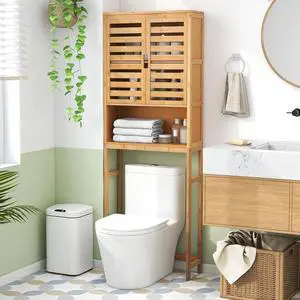 Over The Toilet Storage Cabinet, Tall Natural Bamboo Bathroom Shelf Over Toilet with 2 Doors & Open Shelf, Freestanding Toilet Bathroom Space Saver, 24.5 x 9 x 67 Inch (Natural)
