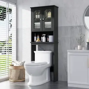 Over The Toilet Storage Cabinet, Bathroom Storage Organizer Over Toilet with Glass Doors, Over Toilet Cabinet for Bathroom Freestanding Space Saver, Black