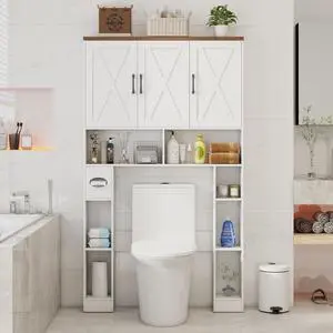 Over The Toilet Storage Cabinet, Farmhouse Toilet Cabinet Rack with 3 Barn Doors, Space Saving Bathroom Organizer with Shelves, Toilet Paper Holder and Towel Rack for Bathroom,Restroom,Laundry, White
