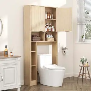 31" W Over The Toilet Storage Cabinet, Oak | Bathroom Organizer with Adjustable Shelves, Wave-Patterned Doors & Anti-Tipping Device for Restroom, Laundry Room