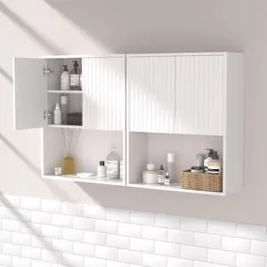 Fluted Bathroom Wall Cabinet Over The Toilet Storage,Wall Mounted Cabinet with Adjustable Shelf,Floating and Hanging Organizer,Kitchen and Laundry Room Storage (White-2 Pcs)