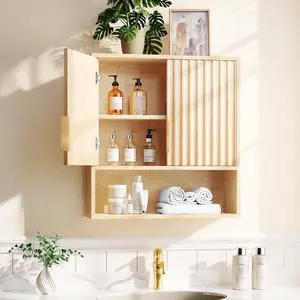 Fluted Modern Medicine Cabinet,Bathroom Wall Cabinet Over Toilet Storage, Upper Floating Countertop Storage for Bathroom, Laundry Room,Small Hanging Kitchen Wall Cabinets (Natural Oak Color)
